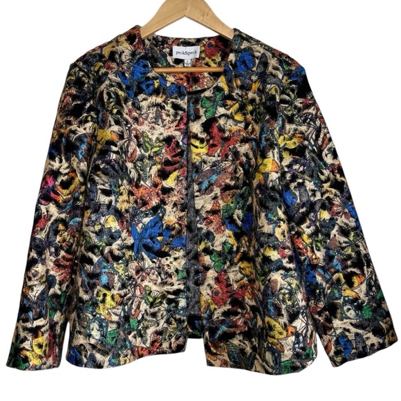 Butterfly Print Jacket Cardigan Womens Large Peck & Peck Eclectic Artsy Colorful - Picture 1 of 12